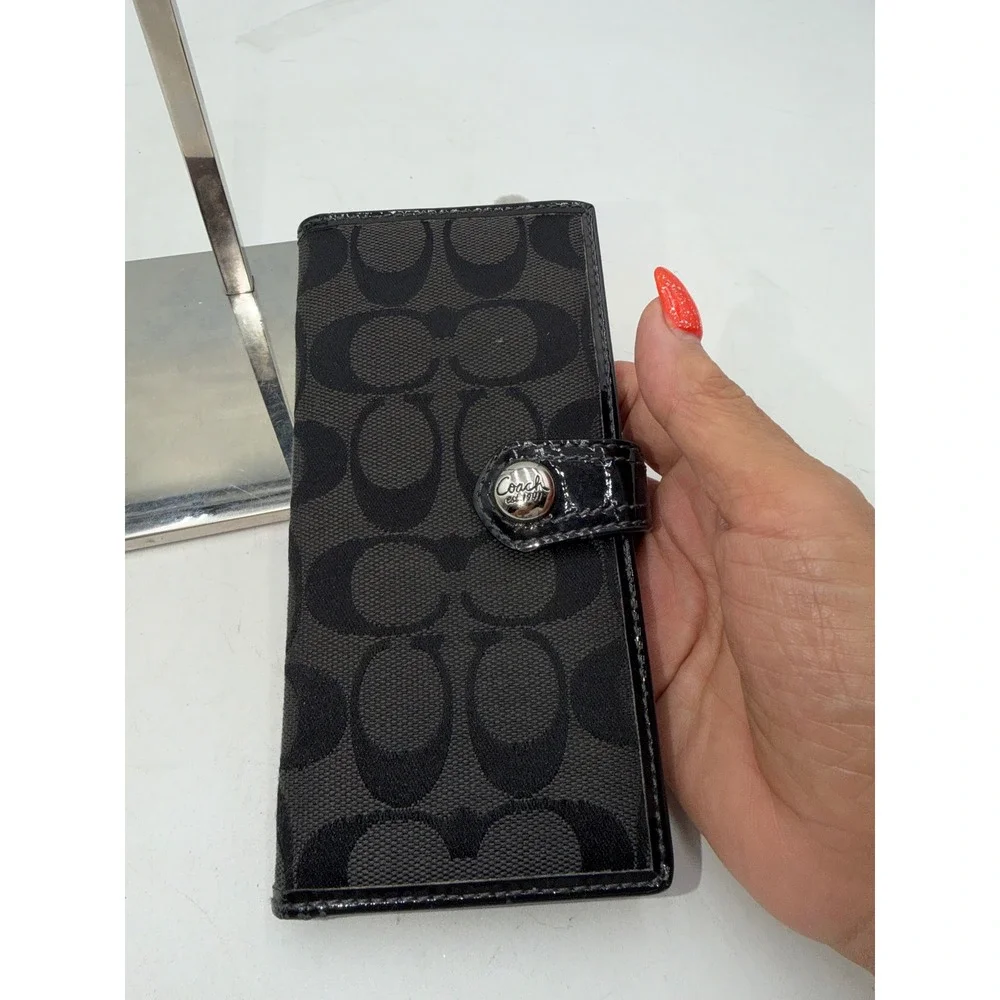 Coach Signature Jacquard Slim Bifold Wallet Black Patent Trim Snap Closure
